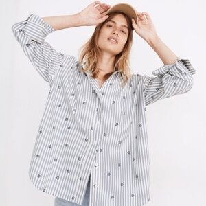 Madewell Striped Button-Up Shirt with Floral Embroidery size medium